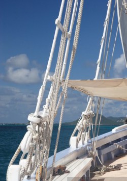 The white painted rigging of a sailing ship in the Caribbean.
